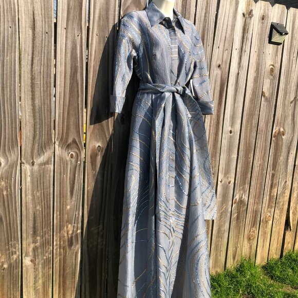 Rickie Freeman for Teri Jon NWT 6 Jacquard Metallic Abstract Dress Gown Blue - Picture 8 of 15